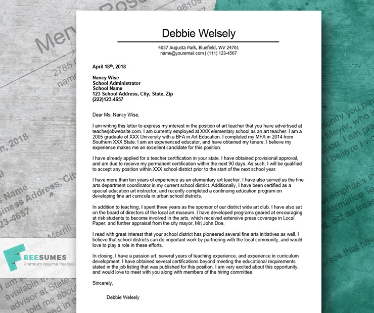 Cover Letter Teacher Example from www.freesumes.com