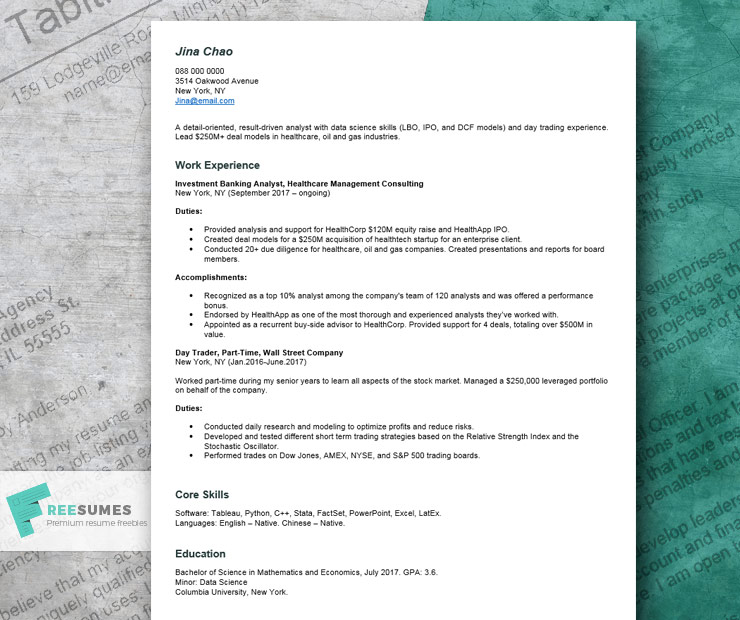 resume example for investment banking
