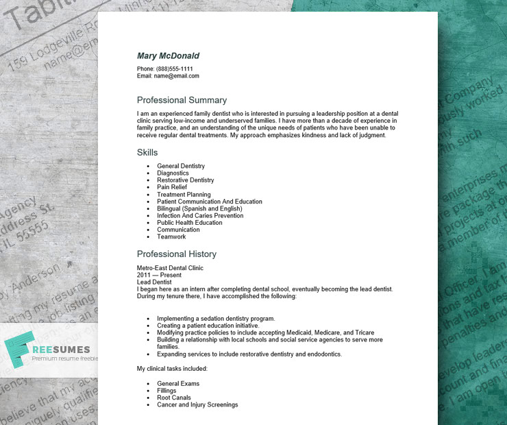 resume example for dentists