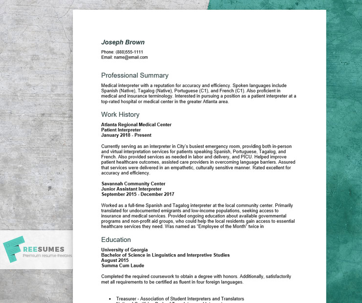 resume example for an interpreter