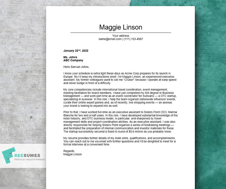 Word cover letter sample for an executive assistant