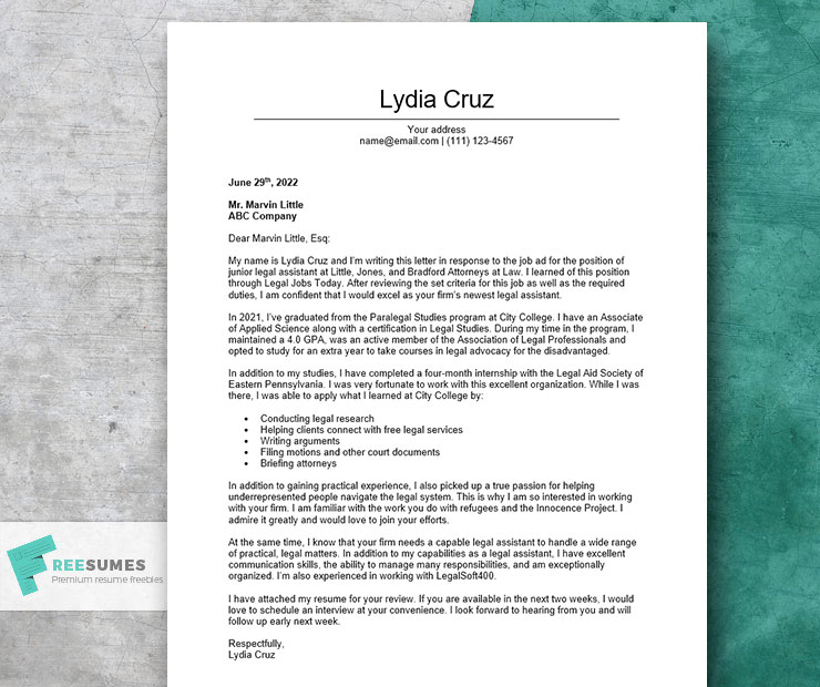 Sample cover letter of legal assistant