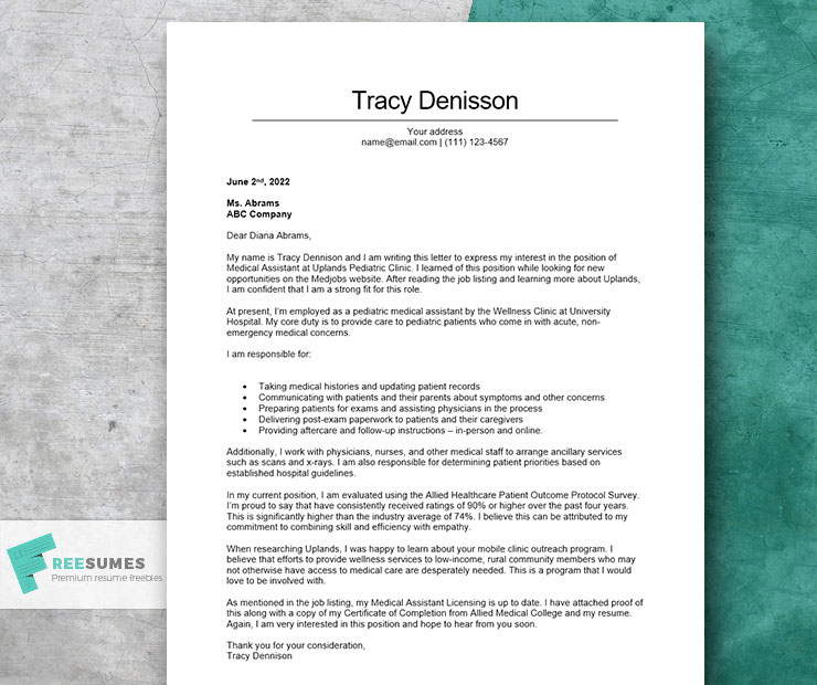 medical assistant cover letter example