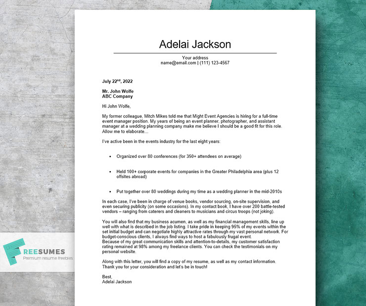 cover letter example for an event planner