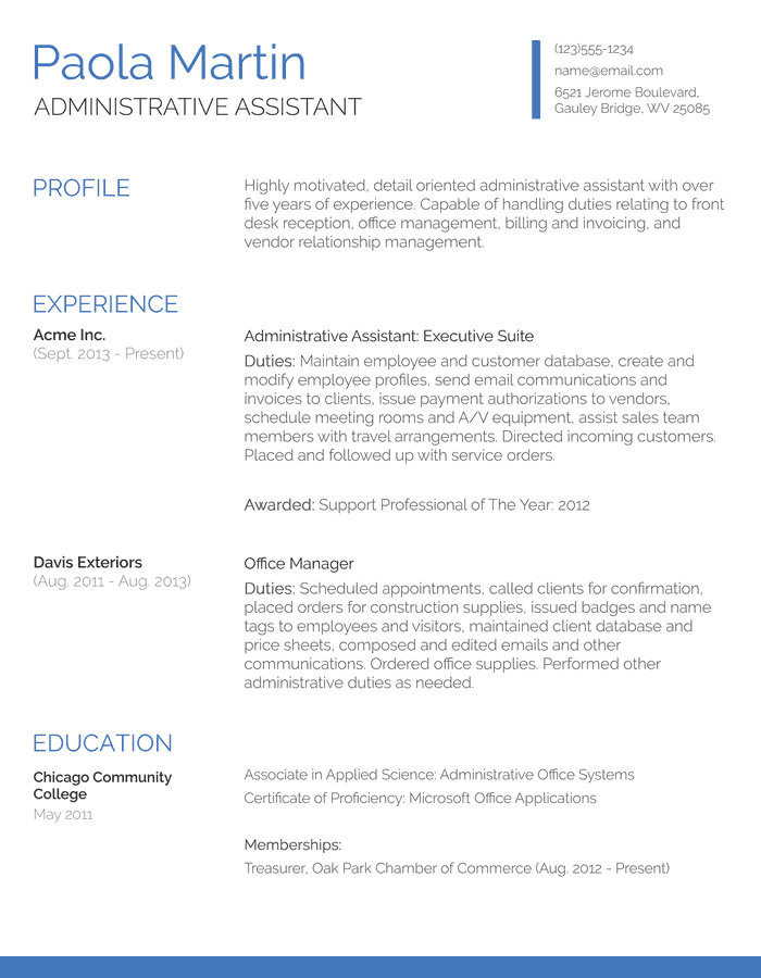 administrative assistant cv example