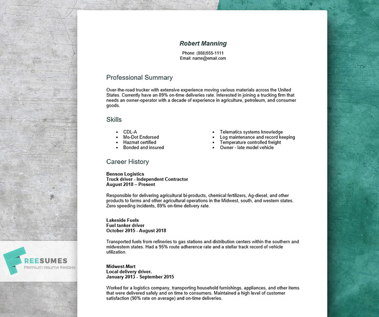 resume sample for a truck driver