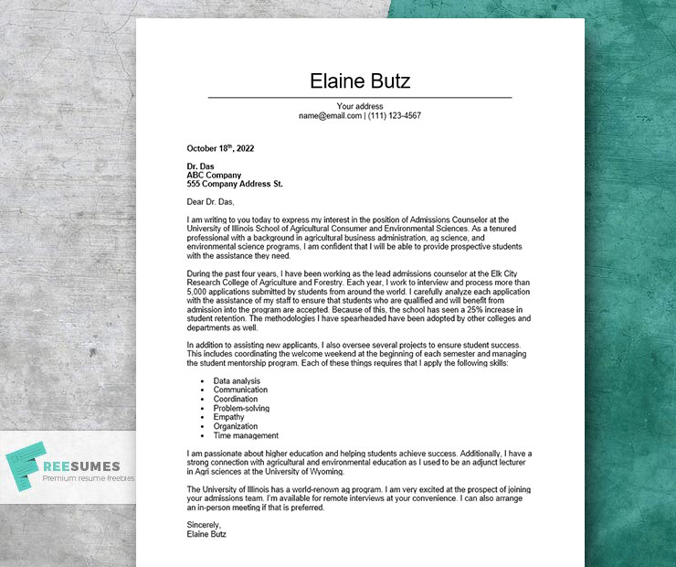 college admissions counselor cover letter