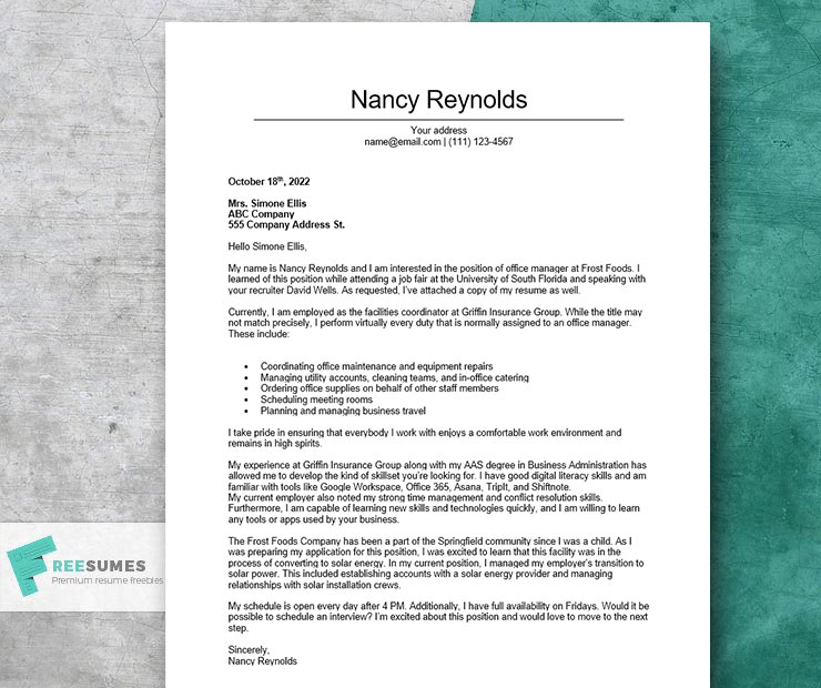 cover letter sample for an office manager