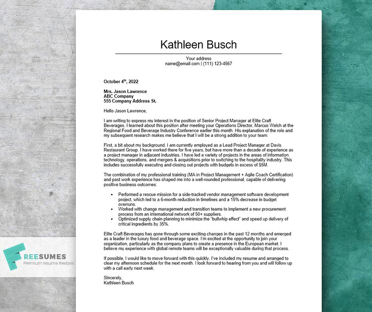 cover letter sample for a project manager