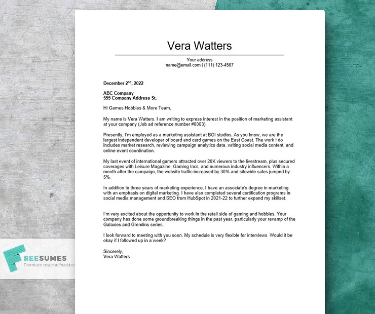 cover letter example for a marketing assistant