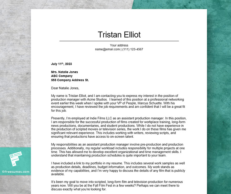 cover letter sample for production manager